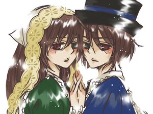 Rating: Safe Score: 0 Tags: 2girls brown_hair green_eyes hat heterochromia holding_hands image incest long_sleeves looking_at_viewer multiple_girls pair red_eyes short_hair siblings sisters souseiseki suiseiseki twins User: admin