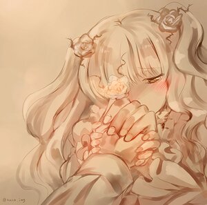 Rating: Safe Score: 0 Tags: 1girl blush flower frills hair_flower hair_ornament hands holding_hands image interlocked_fingers kirakishou long_hair monochrome pov sepia solo solo_focus two_side_up white_flower User: admin