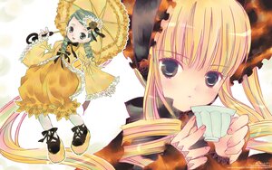 Rating: Safe Score: 0 Tags: 2girls blonde_hair blush dress frills holding holding_umbrella image kanaria long_hair long_sleeves looking_at_viewer multiple_girls pair parasol ribbon shinku twintails umbrella yellow_dress User: admin
