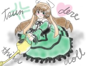 Rating: Safe Score: 0 Tags: 1girl blush brown_hair dress frills green_dress green_eyes hat image long_hair long_sleeves ribbon solo suiseiseki very_long_hair watering_can white_background User: admin