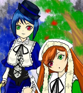 Rating: Safe Score: 0 Tags: 2girls brown_hair dress frills green_eyes hat head_scarf heterochromia image long_hair long_sleeves multiple_girls pair red_eyes ribbon short_hair siblings sisters souseiseki suiseiseki top_hat twins User: admin