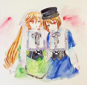 Rating: Safe Score: 0 Tags: 2girls blonde_hair blue_dress capelet dress frills green_dress green_eyes hat heterochromia image long_sleeves multiple_girls pair red_eyes ribbon short_hair siblings sisters souseiseki suiseiseki traditional_media twins watercolor_(medium) User: admin