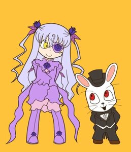 Rating: Safe Score: 0 Tags: 1boy 1girl barasuishou dress formal hat image long_hair orange_background red_eyes smile solo standing suit top_hat yellow_background yellow_eyes User: admin