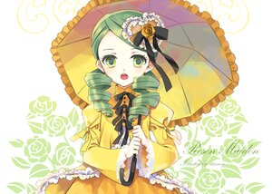 Rating: Safe Score: 0 Tags: 1girl black_umbrella dress drill_hair flower frills green_eyes green_hair holding_umbrella image kanaria lolita_fashion long_sleeves open_mouth parasol ribbon rose solo twin_drills umbrella yellow_dress yellow_rose User: admin