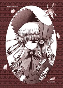 Rating: Safe Score: 0 Tags: 1girl artist_name bonnet bow bowtie dress flower image long_hair long_sleeves monochrome petals shinku solo upper_body User: admin