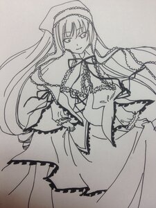Rating: Safe Score: 0 Tags: 1girl breasts chain dress frills greyscale image long_hair long_sleeves looking_at_viewer monochrome simple_background smile solo suiseiseki traditional_media very_long_hair User: admin