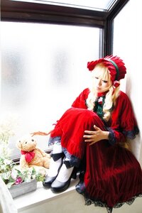 Rating: Safe Score: 0 Tags: 1girl blonde_hair bonnet dress flower red_dress rose shinku shoes sitting solo window User: admin