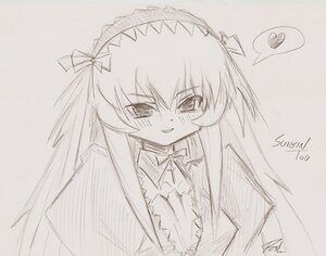 Rating: Safe Score: 0 Tags: 1girl blush dress heart image long_hair long_sleeves looking_at_viewer monochrome simple_background smile solo spoken_heart suigintou traditional_media upper_body User: admin