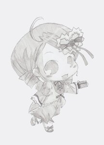 Rating: Safe Score: 0 Tags: 1girl :d ahoge bow flower full_body hair_ornament image kanaria monochrome open_mouth smile solo striped traditional_media vertical_stripes User: admin