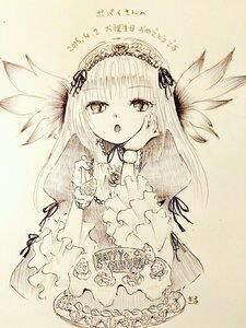 Rating: Safe Score: 0 Tags: 1girl bangs dress eyebrows_visible_through_hair frills hairband head_tilt image long_hair long_sleeves looking_at_viewer monochrome open_mouth ribbon solo suigintou traditional_media very_long_hair User: admin