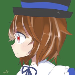 Rating: Safe Score: 0 Tags: 1girl blush brown_hair closed_mouth eyebrows_visible_through_hair green_background hat image portrait profile red_eyes ribbon short_hair simple_background smile solo souseiseki white_shirt User: admin
