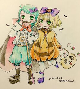 Rating: Safe Score: 0 Tags: 2girls blonde_hair bow cape green_eyes green_hair hair_bow hair_ornament halloween hinaichigo image kanaria multiple_girls pair short_hair smile socks traditional_media User: admin