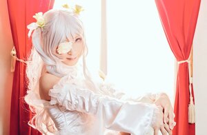 Rating: Safe Score: 0 Tags: 1girl bandages bare_shoulders curtains dress eyepatch flower hair_flower hair_ornament kirakishou lips long_hair sitting solo striped_background veil white_flower white_hair window User: admin