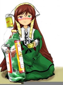 Rating: Safe Score: 0 Tags: 1girl alcohol blush bottle brown_hair dress frills green_dress green_eyes heterochromia image long_hair long_sleeves sake_bottle solo suiseiseki User: admin