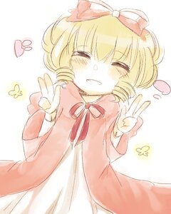 Rating: Safe Score: 0 Tags: 1girl blonde_hair blue_butterfly blush bug butterfly closed_eyes double_v dress hina_ichigo hinaichigo image insect long_sleeves ribbon short_hair simple_background smile solo squiggle v white_background User: admin