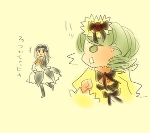 Rating: Safe Score: 0 Tags: 2girls dress drill_hair green_eyes green_hair hair_ornament hat image kanaria multiple_girls pair suigintou surprised yellow_background User: admin
