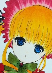 Rating: Safe Score: 0 Tags: 1girl bangs blonde_hair blue_eyes bonnet close-up flower image looking_at_viewer portrait shinku solo User: admin