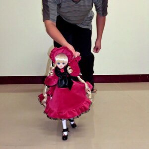 Rating: Safe Score: 0 Tags: 1boy 1girl blonde_hair blue_eyes bonnet bow doll dress drill_hair height_difference long_hair long_sleeves pantyhose red_dress shinku solo standing striped User: admin