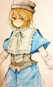 Rating: Safe Score: 0 Tags: 1girl alice_margatroid blonde_hair blue_eyes capelet dress green_eyes hat heterochromia image red_eyes short_hair solo souseiseki traditional_media watercolor_(medium) User: admin