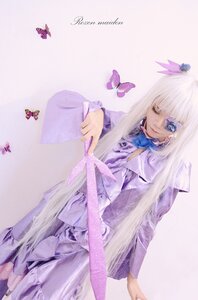 Rating: Safe Score: 0 Tags: 1girl barasuishou blue_butterfly blue_eyes bug butterfly butterfly_hair_ornament butterfly_print butterfly_wings dress hair_ornament insect long_hair long_sleeves one_eye_closed solo white_hair User: admin