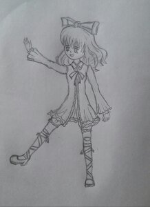 Rating: Safe Score: 0 Tags: 1girl bow dress full_body greyscale hair_bow hinaichigo image long_hair monochrome ribbon sketch smile solo standing traditional_media User: admin