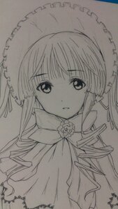 Rating: Safe Score: 0 Tags: 1girl bangs bonnet dress eyebrows_visible_through_hair flower frills image long_hair looking_at_viewer monochrome parted_lips ribbon shinku simple_background solo traditional_media twintails umbrella upper_body User: admin