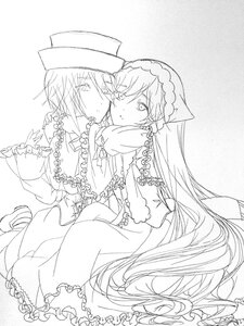 Rating: Safe Score: 0 Tags: 2girls blush capelet dress frilled_dress frills greyscale hat image long_hair long_sleeves monochrome multiple_girls pair sleepingcastle souseiseki suiseiseki top_hat twins very_long_hair yuri User: admin