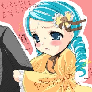 Rating: Safe Score: 0 Tags: 1girl apron blue_eyes blue_hair blush dress drill_hair embarrassed frills image kanaria long_hair long_sleeves oekaki solo sweat upper_body User: admin