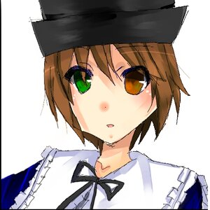 Rating: Safe Score: 0 Tags: 1girl black_headwear black_ribbon blush brown_eyes brown_hair green_eyes hat image looking_at_viewer neck_ribbon ribbon shirt short_hair solo souseiseki striped white_background white_shirt User: admin