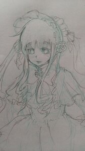 Rating: Safe Score: 0 Tags: 1girl auto_tagged dress flower frills greyscale image long_hair looking_at_viewer monochrome shinku simple_background sketch smile solo traditional_media white_background User: admin