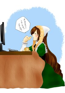 Rating: Safe Score: 0 Tags: 1girl brown_hair closed_eyes dress eating food green_dress hat head_scarf image kotatsu long_hair long_sleeves solo suiseiseki table very_long_hair User: admin