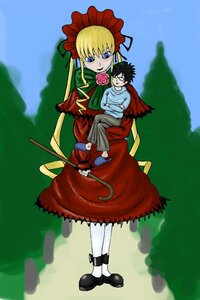 Rating: Safe Score: 0 Tags: 1boy 1girl blonde_hair blue_eyes bonnet dress flower image long_sleeves outdoors pink_rose red_dress rose shinku shoes size_difference sky solo white_legwear User: admin