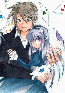 Rating: Safe Score: 0 Tags: 1boy 1girl card dress hairband holding_card image letter long_hair long_sleeves looking_at_viewer marker_(medium) paper playing_card silver_hair smile solo suigintou suit traditional_media white_background User: admin