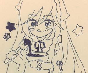 Rating: Safe Score: 0 Tags: 1girl braid eyebrows_visible_through_hair hair_between_eyes holding image long_hair neck_ribbon photo ribbon smile solo star_(symbol) star_print starry_background suiseiseki traditional_media User: admin
