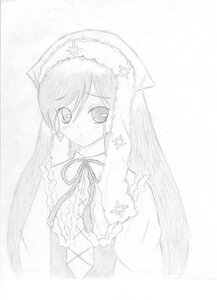 Rating: Safe Score: 0 Tags: 1girl dress frills long_hair long_sleeves looking_at_viewer monochrome ribbon simple_background solo suiseiseki upper_body very_long_hair white_background User: admin