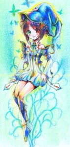 Rating: Safe Score: 0 Tags: 1girl boots brown_hair card dress full_body green_eyes hat heterochromia image letter red_eyes short_dress short_hair solo souseiseki User: admin