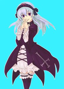 Rating: Safe Score: 0 Tags: 1girl black_dress black_legwear blue_background cowboy_shot cross-laced_clothes dress frilled_sleeves frills hairband image leg_garter lolita_hairband long_hair long_sleeves looking_at_viewer pink_eyes rozen_maiden sazame silver_hair simple_background smile solo standing suigintou thighhighs zettai_ryouiki User: admin