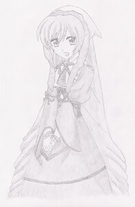 Rating: Safe Score: 0 Tags: 1girl :d blush dress graphite_(medium) greyscale image long_hair long_sleeves looking_at_viewer monochrome open_mouth smile solo striped suiseiseki traditional_media User: admin