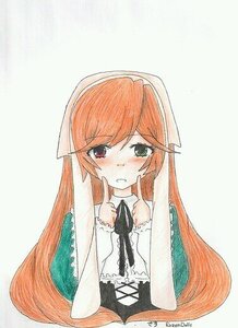 Rating: Safe Score: 0 Tags: 1girl artist_name bangs black_neckwear blush brown_hair dress eyebrows_visible_through_hair green_eyes heterochromia image long_hair looking_at_viewer neck_ribbon red_eyes simple_background solo striped suiseiseki swept_bangs traditional_media upper_body vertical_stripes very_long_hair white_shirt User: admin