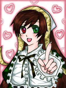 Rating: Safe Score: 0 Tags: 1girl :d blush brown_hair dress frills green_eyes head_scarf heart heterochromia image index_finger_raised long_hair long_sleeves looking_at_viewer open_mouth red_eyes smile solo suiseiseki upper_body User: admin