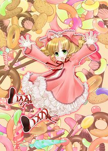 Rating: Safe Score: 0 Tags: 1girl :d blonde_hair bow candy cookie doughnut dress food frills green_eyes hina_ichigo hinaichigo image macaron open_mouth pink_bow ribbon smile solo sweets User: admin