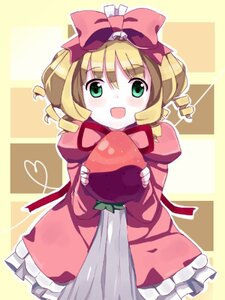 Rating: Safe Score: 0 Tags: 1girl auto_tagged blonde_hair bow dress drill_hair food frills green_eyes hair_bow heart hina_ichigo hinaichigo image long_sleeves looking_at_viewer open_mouth pillow pink_bow pink_dress smile solo User: admin
