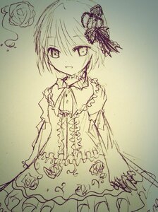 Rating: Safe Score: 0 Tags: 1girl costume_switch dress eyebrows_visible_through_hair flower frills hair_ornament image looking_at_viewer monochrome rose short_hair smile solo traditional_media User: admin