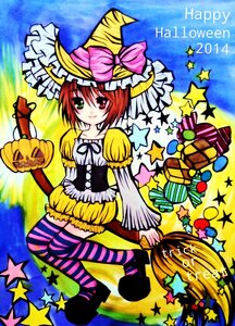 Rating: Safe Score: 0 Tags: 1girl broom frills halloween hat heterochromia image jack-o'-lantern m1umr pumpkin red_eyes red_hair short_hair solo souseiseki star_(symbol) striped striped_legwear thighhighs witch_hat User: admin