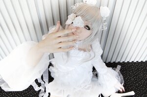 Rating: Safe Score: 0 Tags: 1girl bangs curtains dress flower hands kirakishou long_hair long_sleeves rose solo white_dress white_flower white_hair white_rose white_theme User: admin