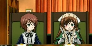 Rating: Safe Score: 0 Tags: black_ribbon brown_hair dress food fork green_eyes head_scarf heterochromia image long_hair long_sleeves multiple_girls pair red_eyes ribbon siblings sisters smile souseiseki suiseiseki twins User: admin