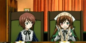 Rating: Safe Score: 0 Tags: black_ribbon brown_hair dress food fork green_eyes head_scarf heterochromia image long_hair long_sleeves multiple_girls pair red_eyes ribbon siblings sisters smile souseiseki suiseiseki twins User: admin