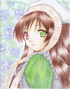 Rating: Safe Score: 0 Tags: 1girl brown_hair flower frills green_eyes head_scarf heterochromia image long_hair looking_at_viewer marker_(medium) red_eyes rose solo suiseiseki traditional_media User: admin