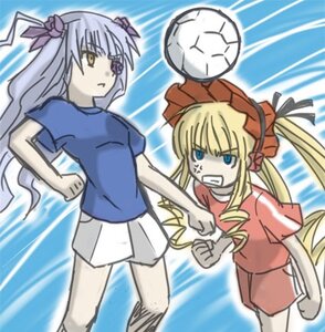 Rating: Safe Score: 0 Tags: 2girls ball barasuishou blonde_hair blue_eyes blurry clenched_teeth depth_of_field drill_hair image long_hair motion_blur multiple_girls pair shinku shirt skirt soccer soccer_ball soccer_uniform sportswear suigintou teeth twintails User: admin