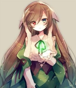 Rating: Safe Score: 0 Tags: 1girl bangs brown_hair dress frills green_dress heterochromia image long_hair long_sleeves looking_at_viewer red_eyes ribbon simple_background solo suiseiseki very_long_hair wide_sleeves User: admin